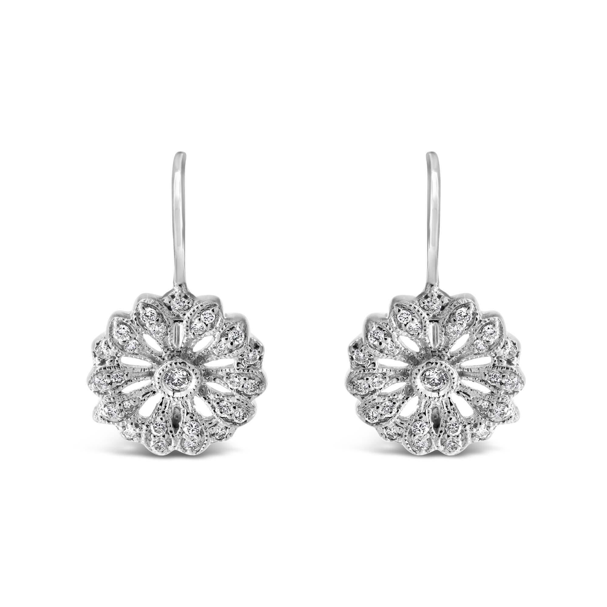 London Collection 14k White Gold Openwork Round Diamond Drop Earrings