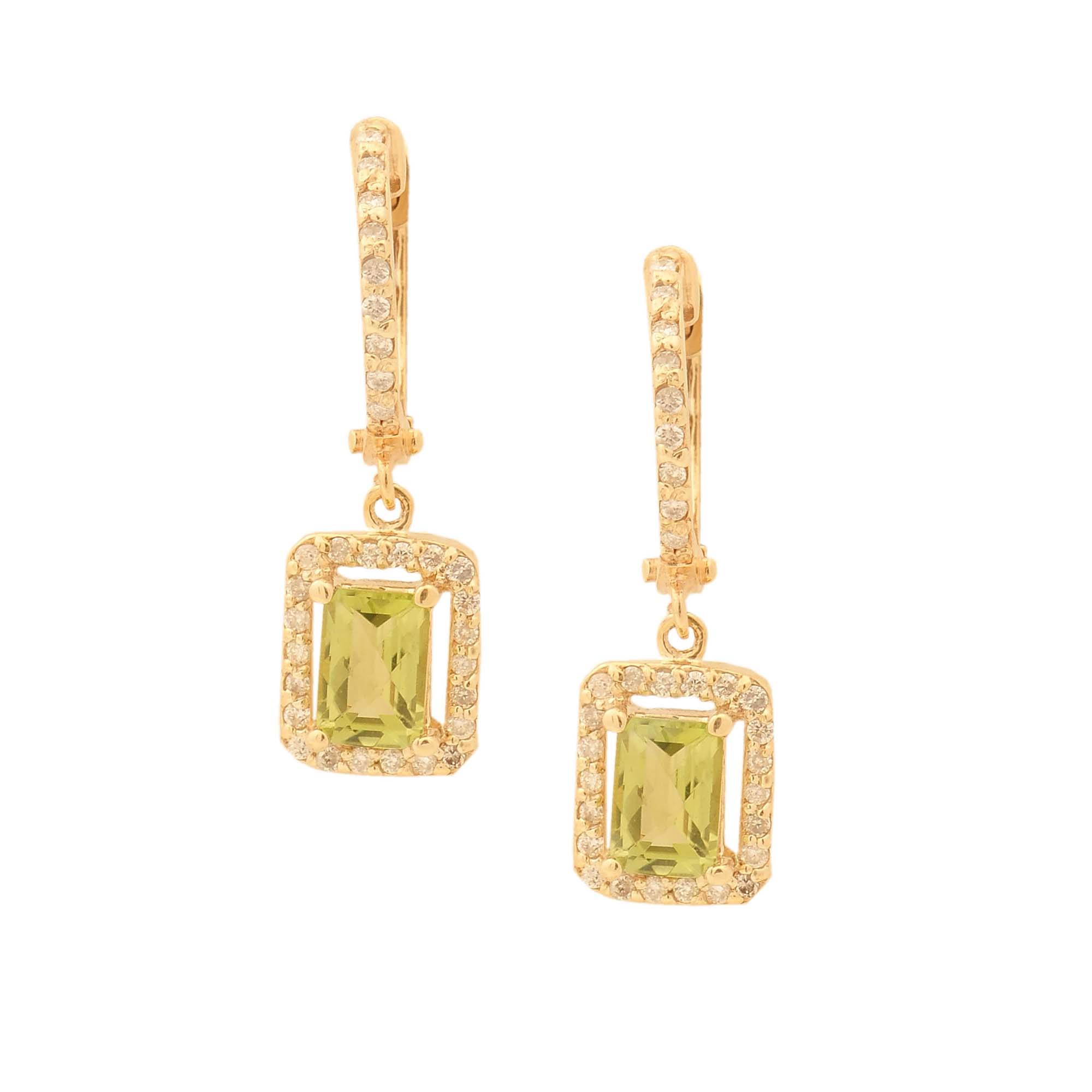 London Collection 14k Yellow Gold Emerald Cut Peridot Diamond Huggie Earrings