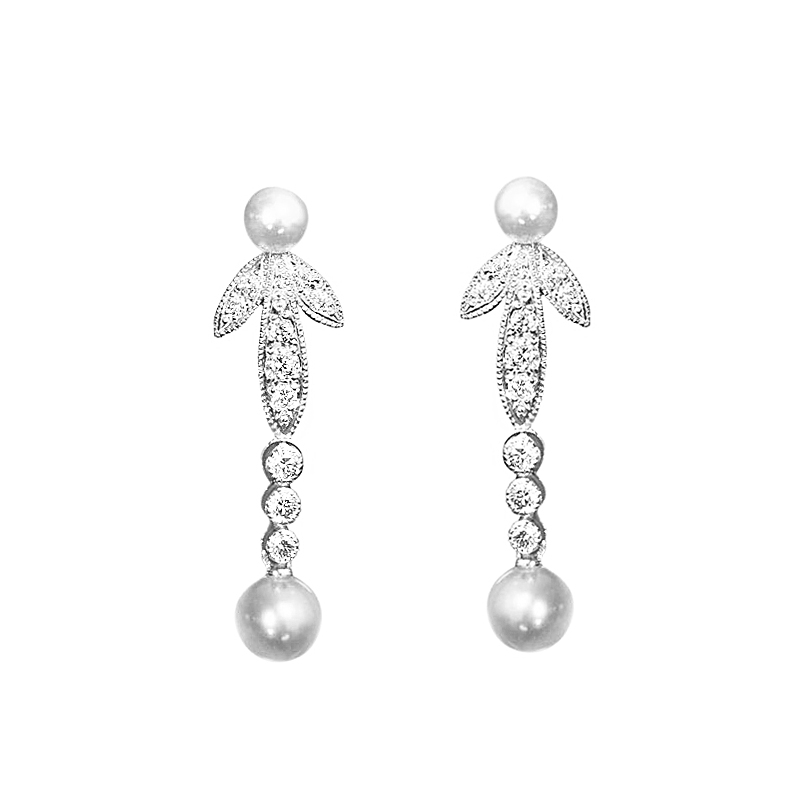 Mikimoto White Gold Diamond Leaf and Pearl Drop Earrings