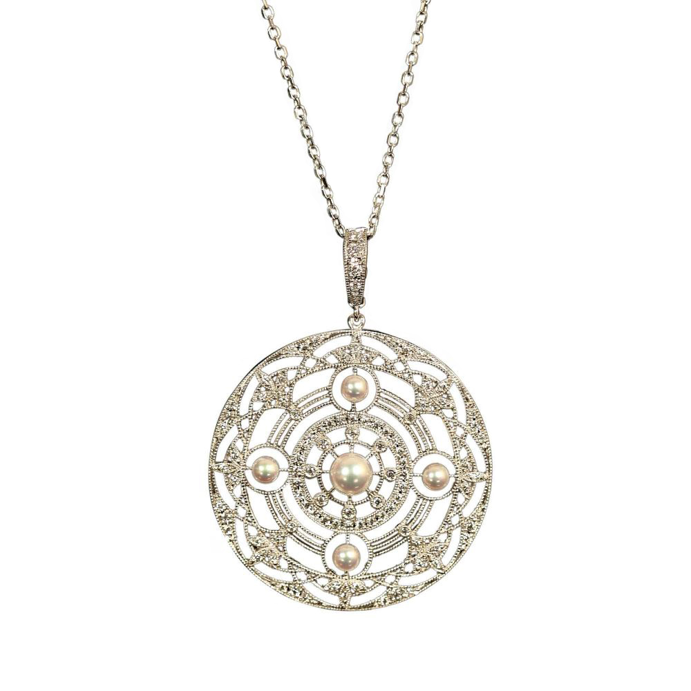 Mikimoto White Gold Akoya Pearl and Diamond Pendant Necklace