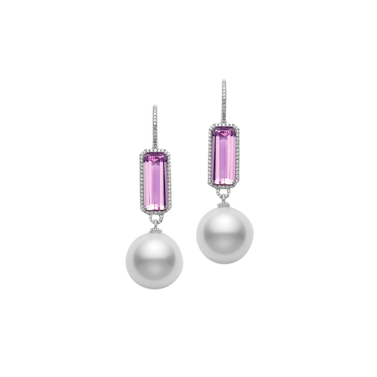 Mikimoto Platinum Diamond, Kunzite, and Pearl Drop Earrings