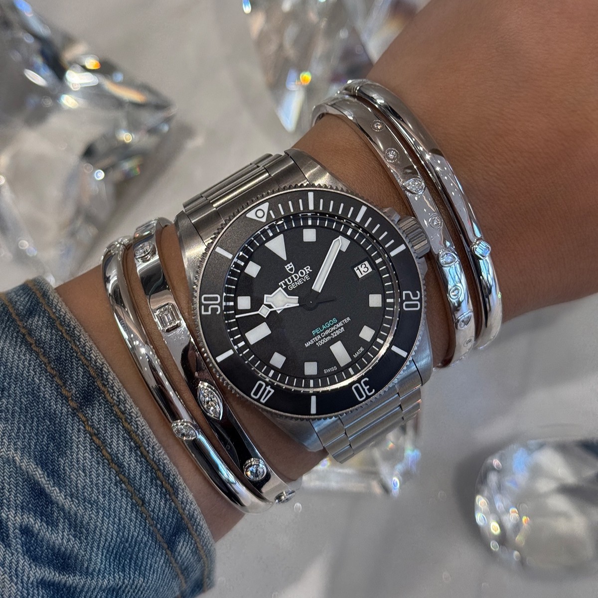 Time to Shine—Nothing Beats a Bold London Jewelers Wrist Stack and a Classic TUDOR Pelagos Moment. 