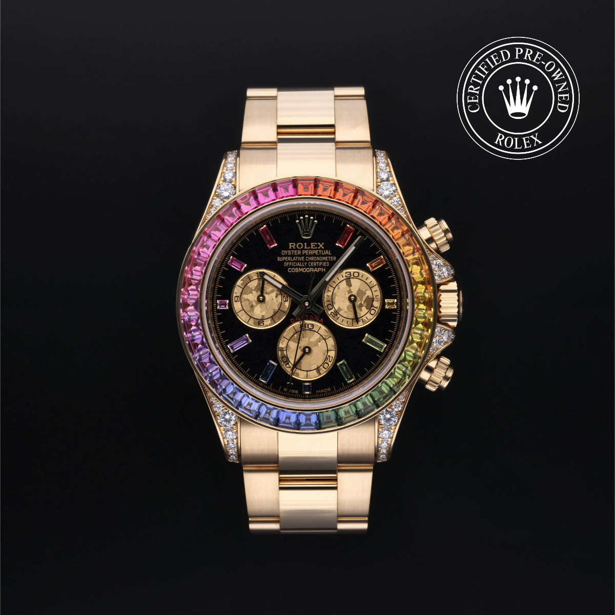 Certified Pre-Owened Rolex Oyster Perpetual Cosmograph Daytona 18k Yellow Gold Rainbow Gem Set