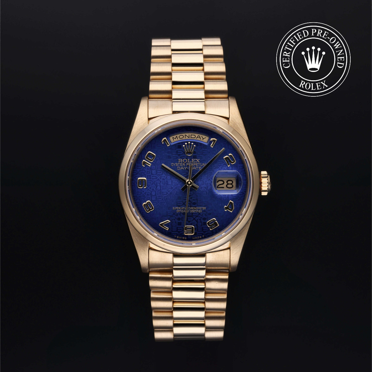 Rolex Day-Date 18k Yellow Gold Blue Arabic Dial