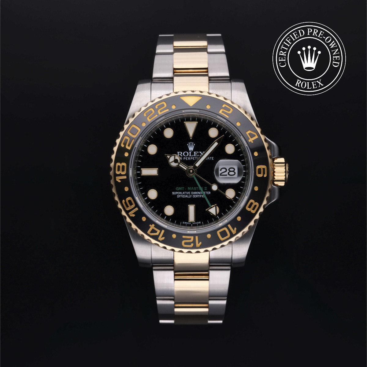 Certified Pre-Owned Rolex GMT-Master ll Rolesor 18k Yellow Black Dial