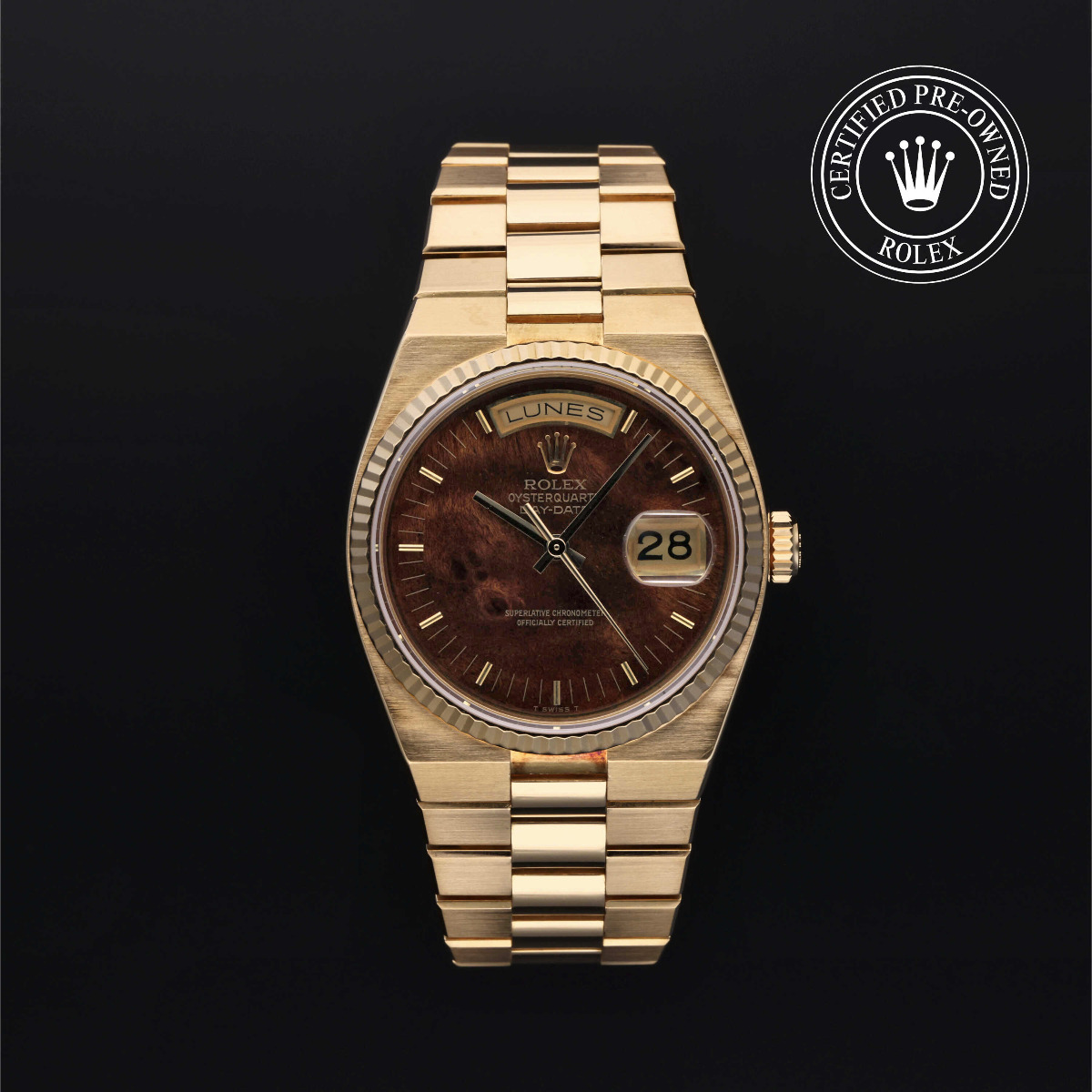 Rolex Certified Pre_Owned Oyster Perpetual Day-Date 36 Gold 18k Yellow Mahogny Dial Spanish Date