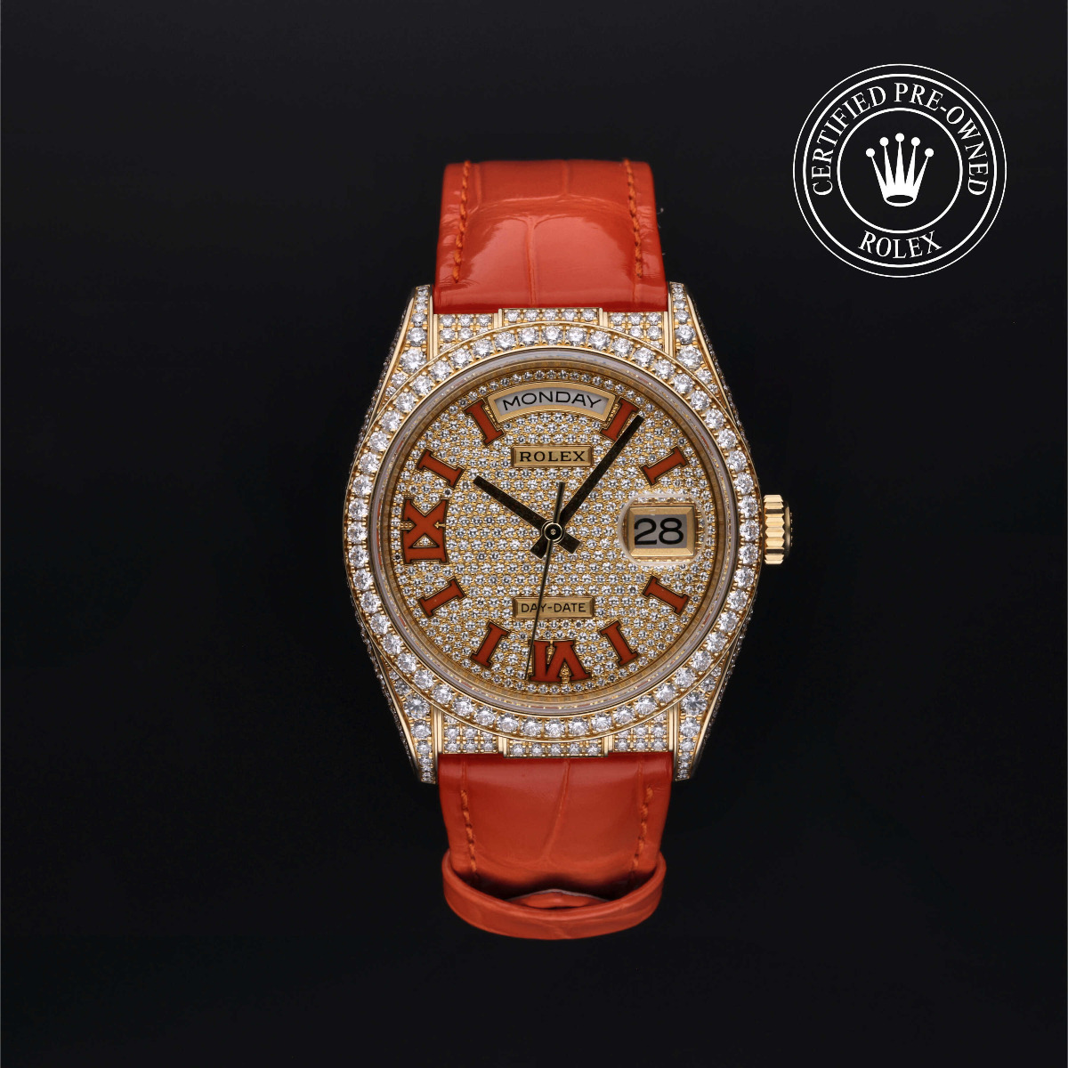 Rolex Certified Pre-Owned Day-Date 36 Gold 18k Yellow Pave Diamond Dial and Case Alligator Strap