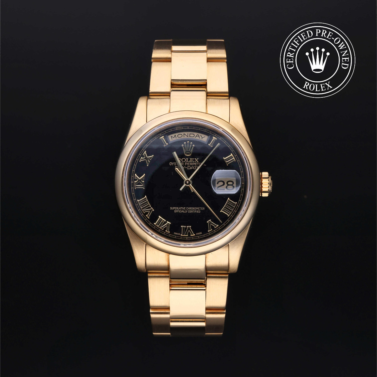 Rolex Certified Pre-Owned Day-Date 36 Gold 18k Yellow Black Dial Oyster Bracelet