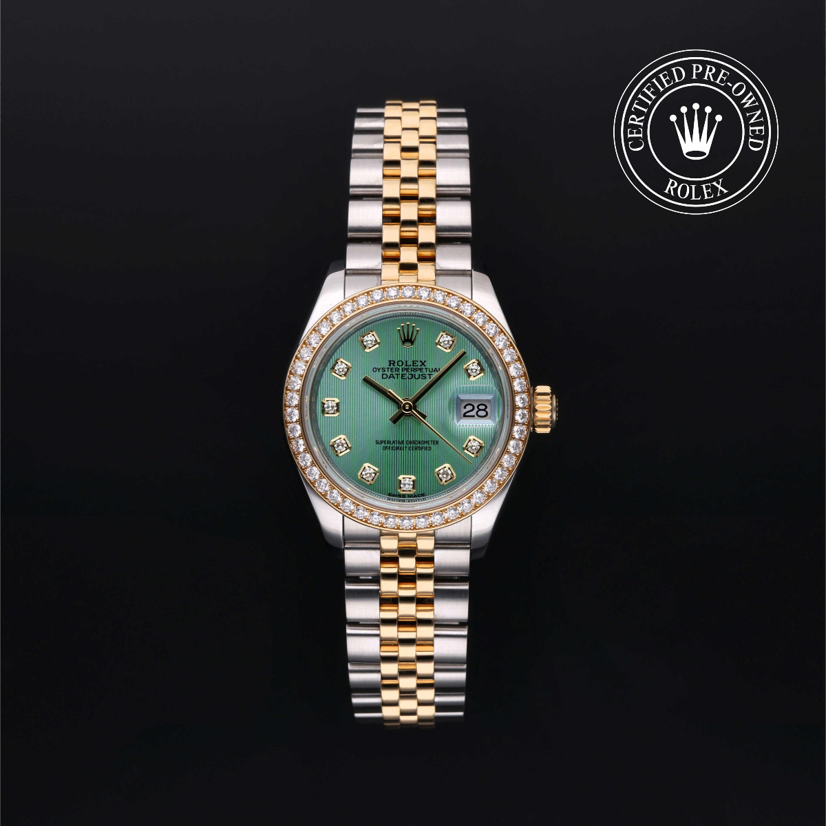 Rolex Certified Pre-Owned Lady-Datejust Rolesor 18k Yellow Diamond Bezel Green Diamond Dial