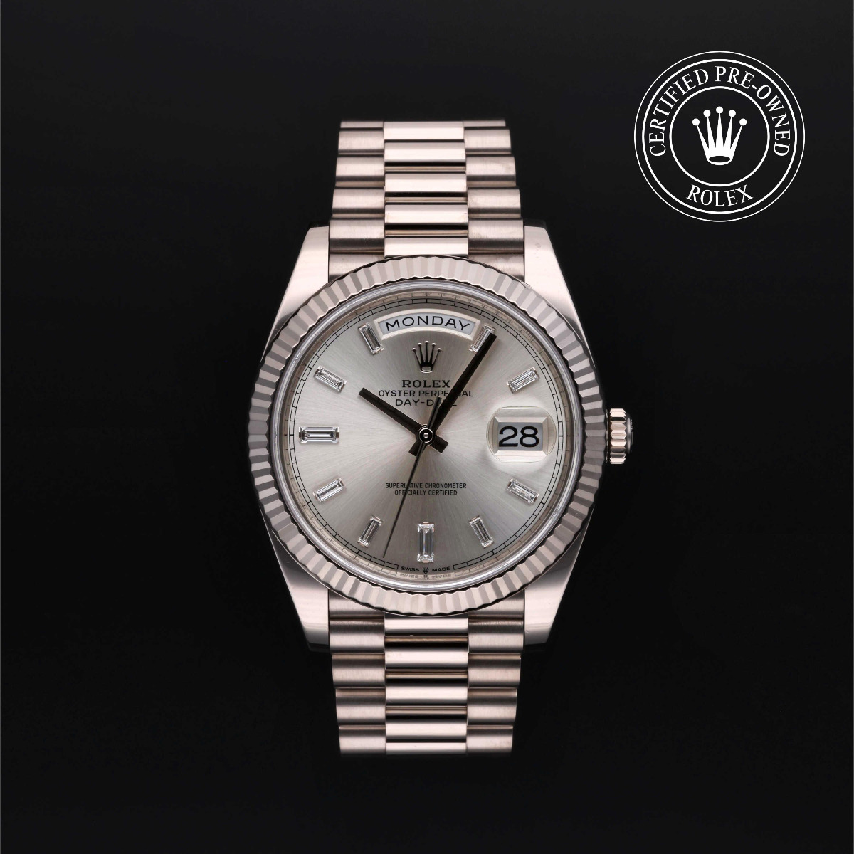 Rolex Certified Pre-Owned Day-Date 40 Gold 18k White Silver Baguette Diamond Dial