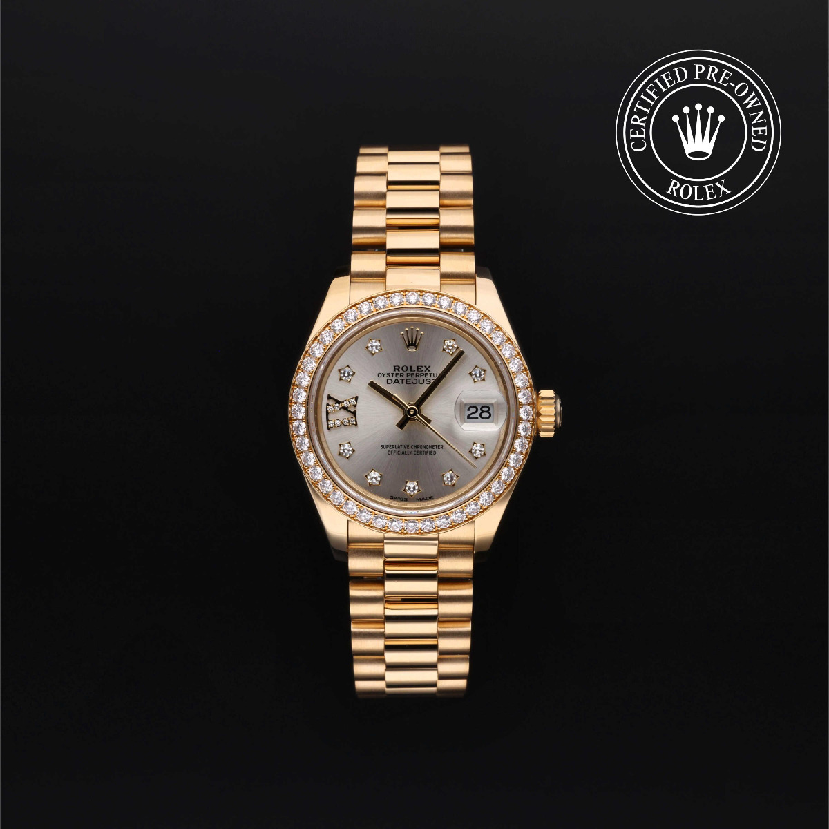 Rolex Certified Pre-Owned Lady-Datejust Gold 18k Yellow Diamond Dial Diamond Bezel President Bracelet