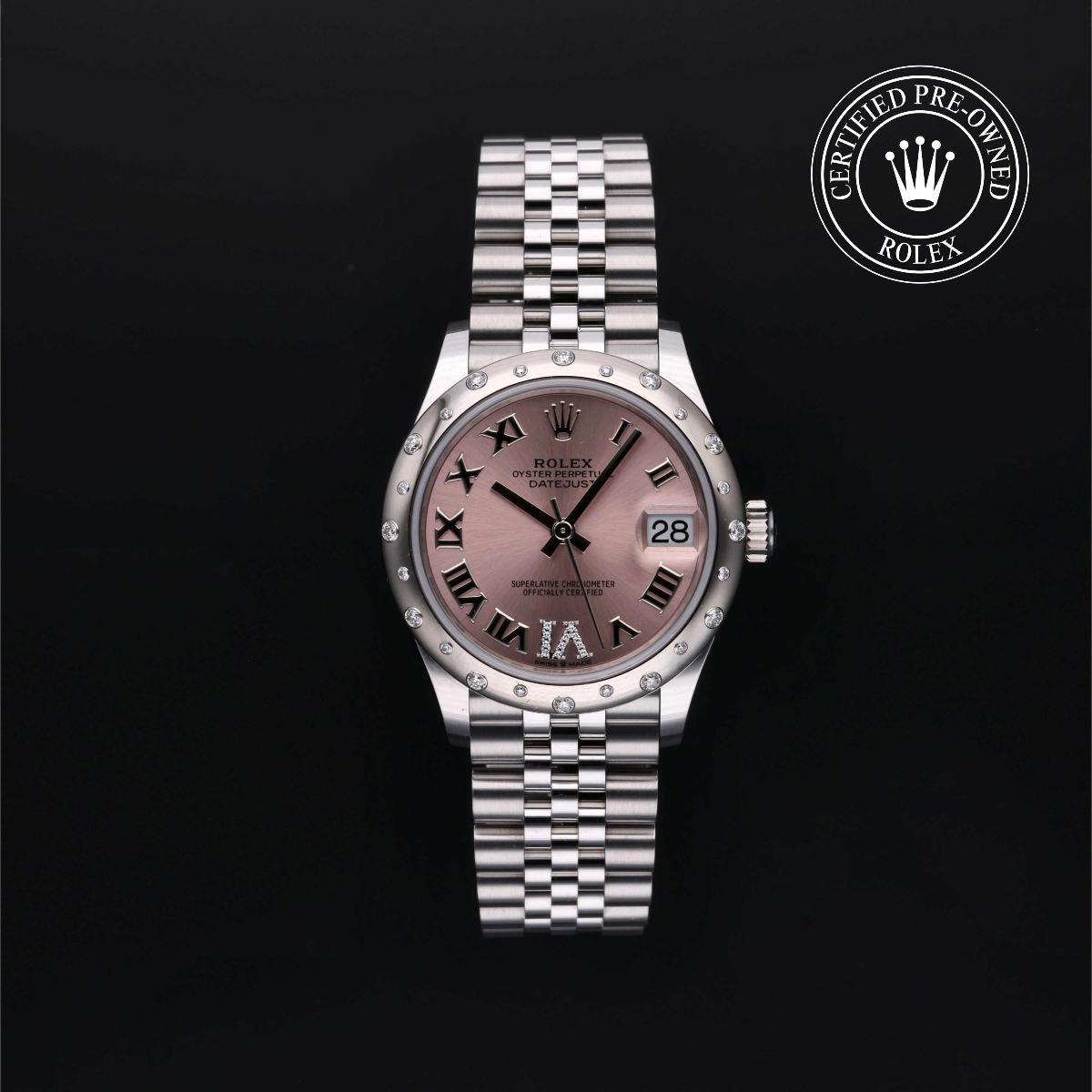 Rolex Certified Pre-Owned Datejust 31 Diamond Bezel Pink Roman Dial Jubilee Bracelet