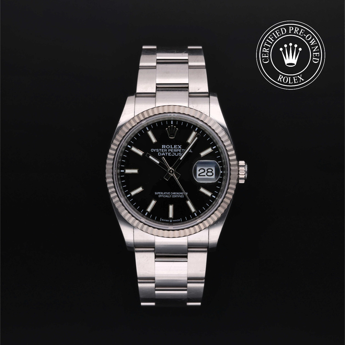 Rolex Certified Pre-Owned Datejust 36 Rolesor 18k White Black Dial Oyster Bracelet