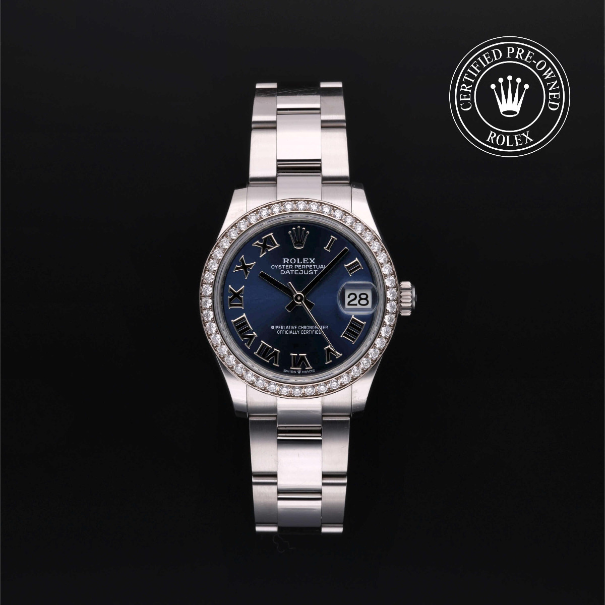Rolex Certified Pre-Owned Datejust 31 Rolesor 18k White Diamond Bezel Blue Roman Dial Oyster Bracelet