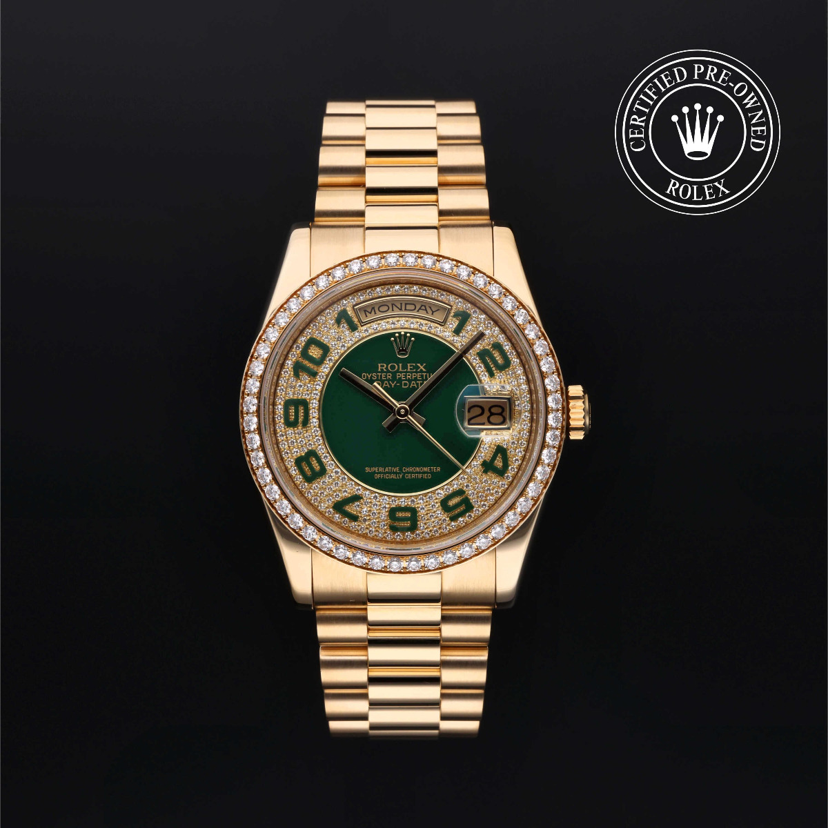Rolex Certified Pre-Owned Day-Date 36 Gold 18k Yellow Pave Diamond Green Dial Diamond Bezel
