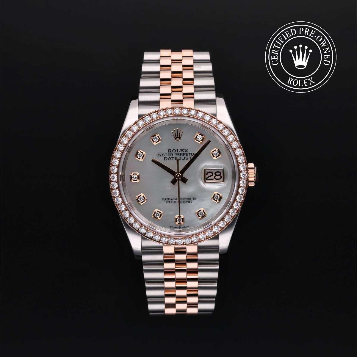 Rolex Certified Pre-Owned Datejust 36 Rolesor 18k Red Diamond Bezel Mother of Pearl Diamond Dial Jubilee Bracelet