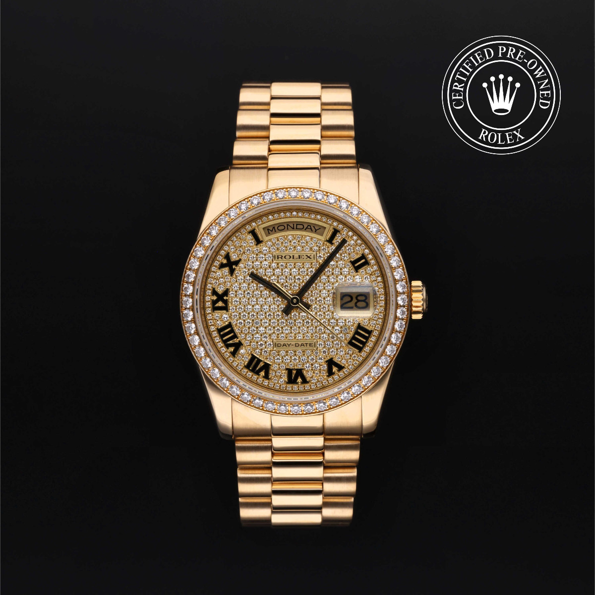 Rolex Certified Pre-Owned Day-Date 36 Gold 18k Yellow Diamond Bezel Pave Diamond Dial