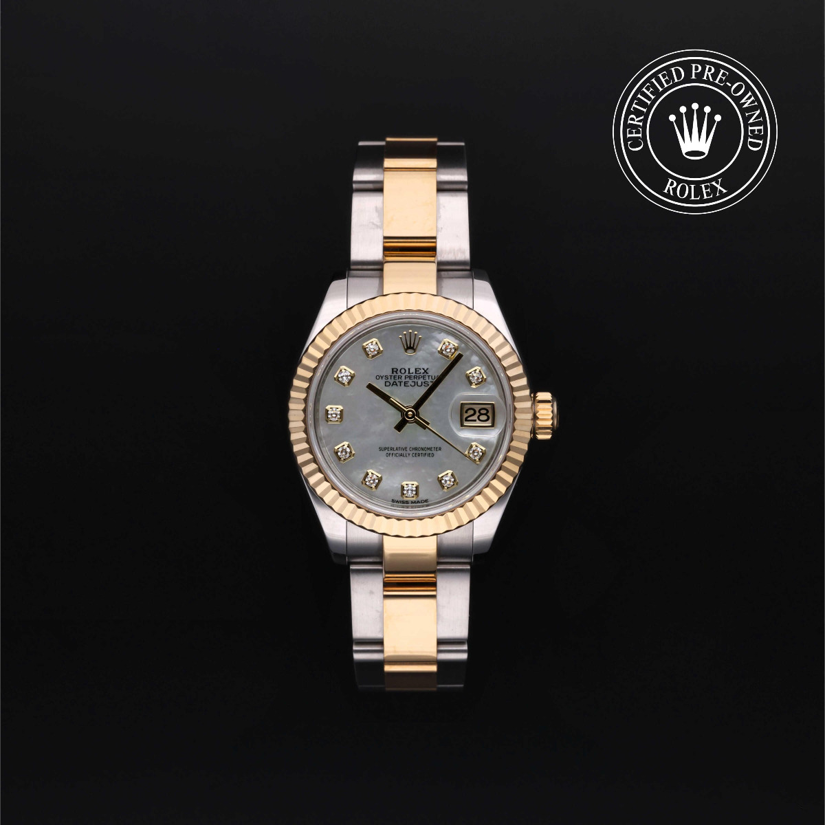 Rolex Certified Pre-Owned Lady-Datejust Rolesor 18k Yellow Fluted Bezel Gem Set Dial