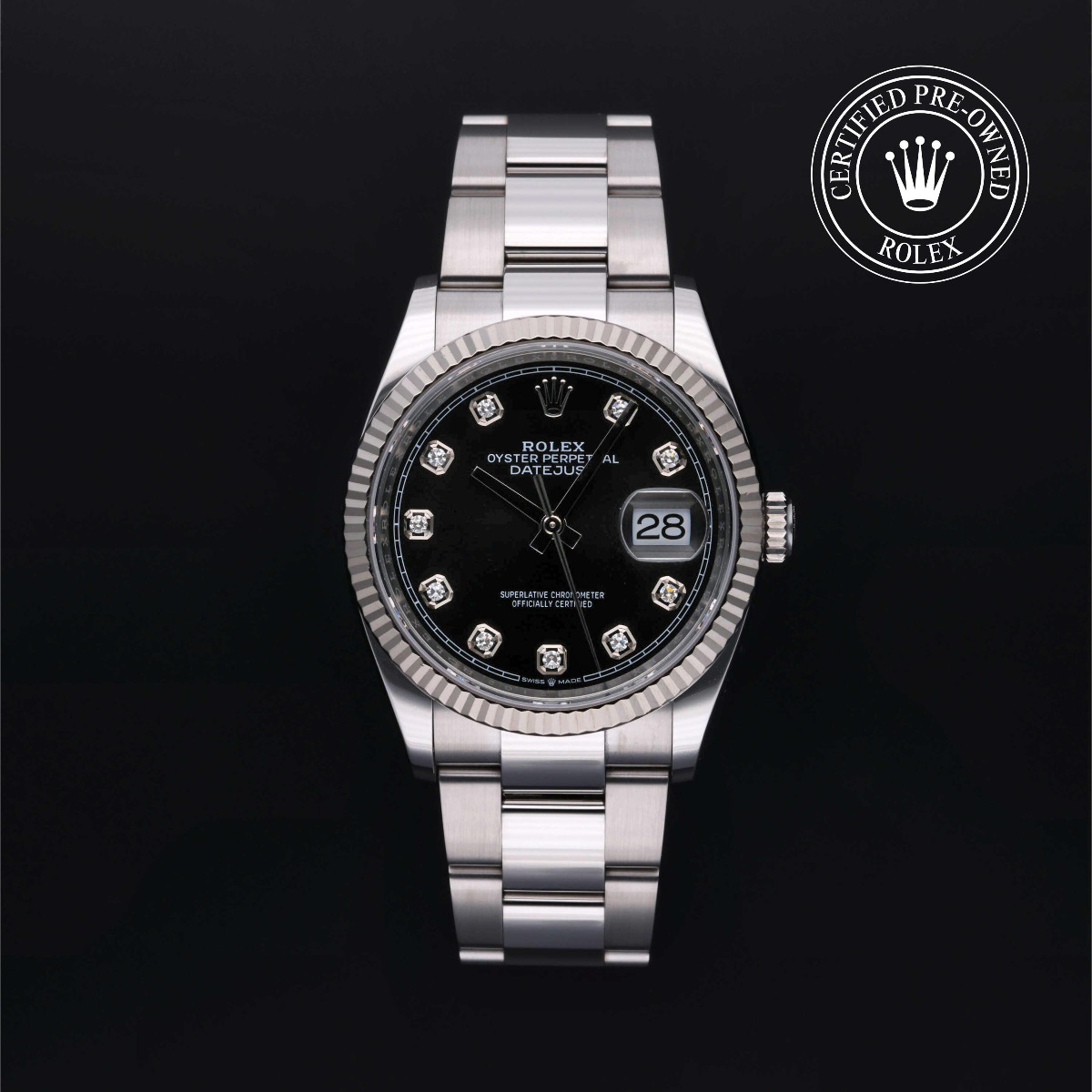 Rolex Certified Pre-Owned Datejust 36 Rolesor 18k White Fluted Bezel Black Diamond Index Dial