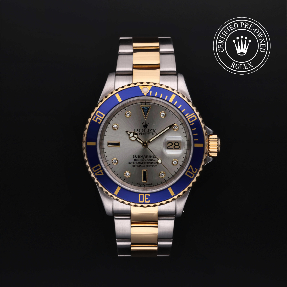 Rolex Certified Pre-Owned Oyster Perpetual Submariner Date Rolesor 18k Yellow Steel Gem Set Dial
