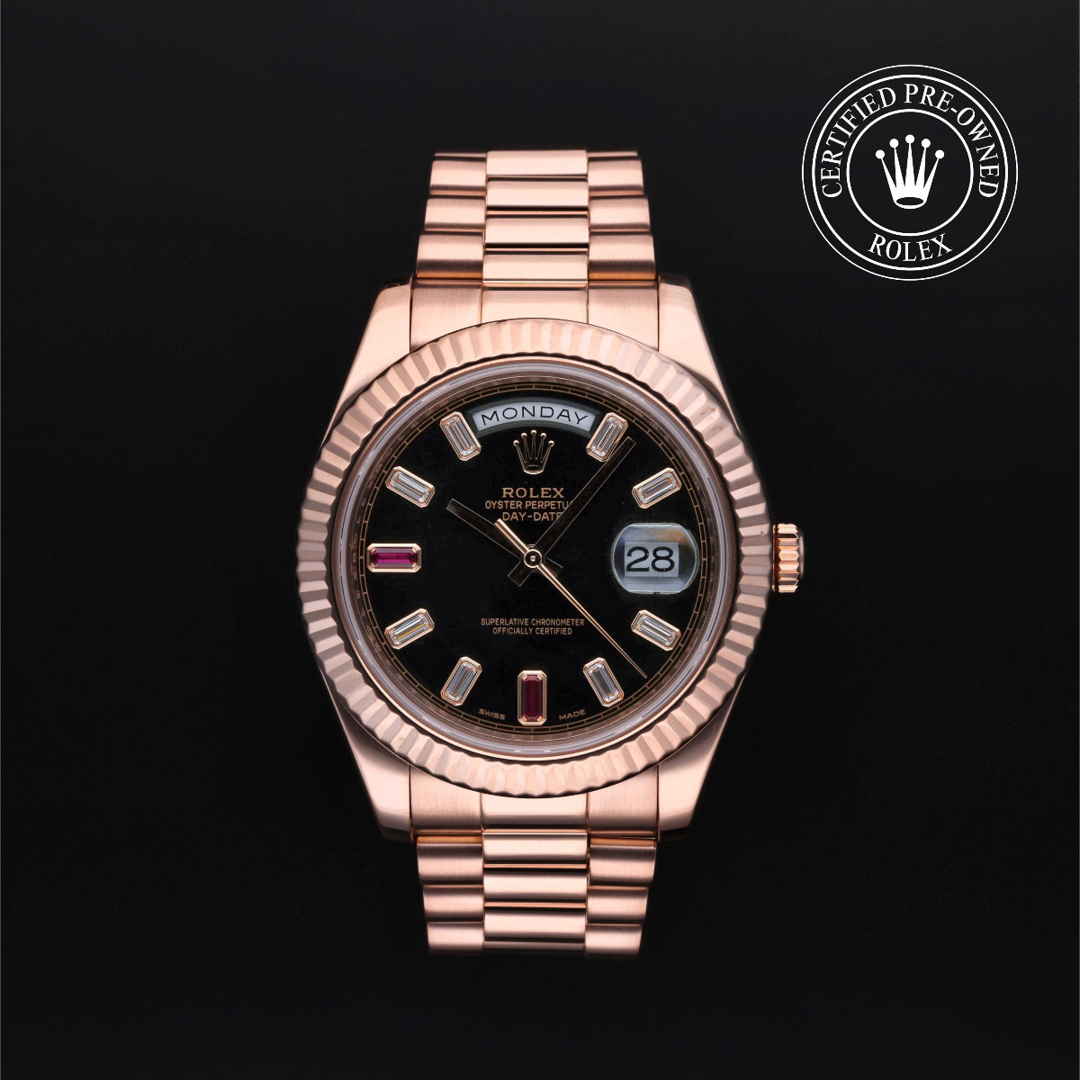 Rolex Certified Pre-Owned Day-Date II 18k Red Gold  Black Gem Set Dial