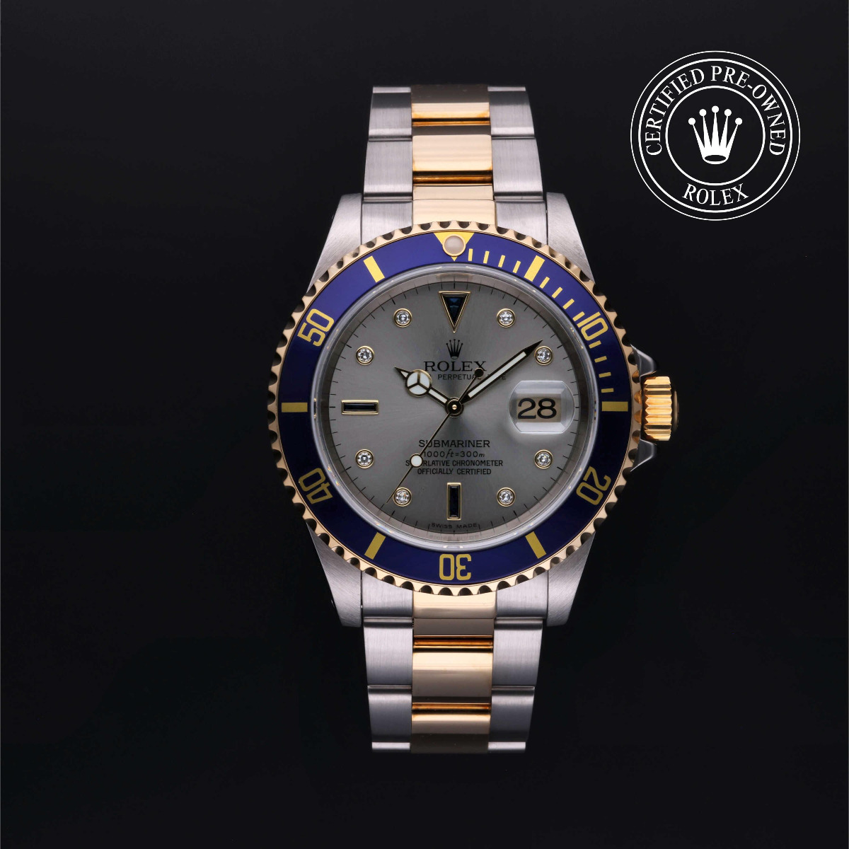 Rolex Certified Pre-Owned Oyster Perpetual Submariner Date Rolesor 18k Yellow Steel Diamond and Sapphire Dial