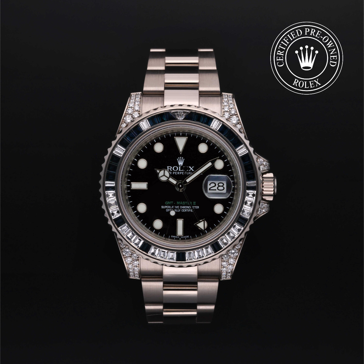Rolex Certified Pre-Owend Oyster Perpetual GMT-Master II Gold 18k White Diamond and Sapphire Bezel
