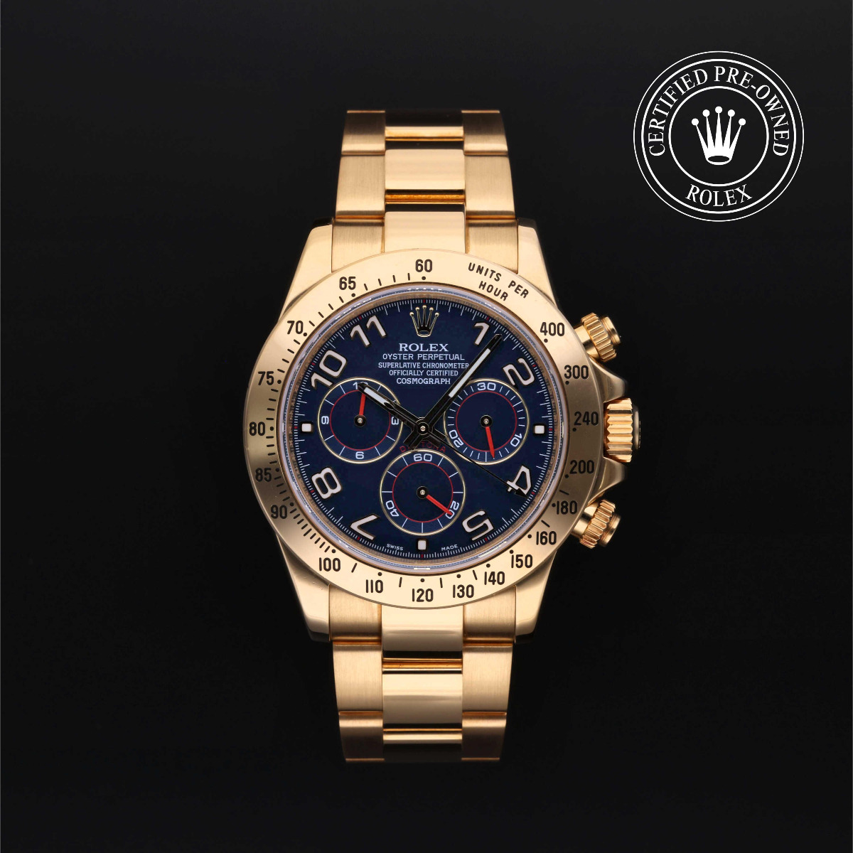 Rolex Certified Pre-Owned Cosmograph Daytona Gold 18k Yellow Blue Dial