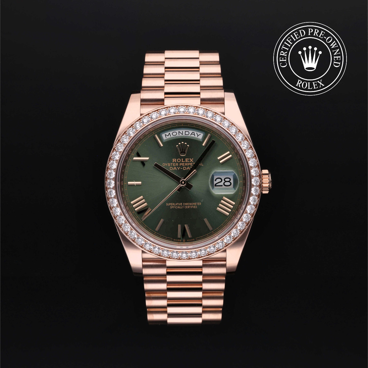 Rolex Certified Pre-Owned Day-Date 40 Gold 18k Red Diamond Bezel Olive Green Roman Dial