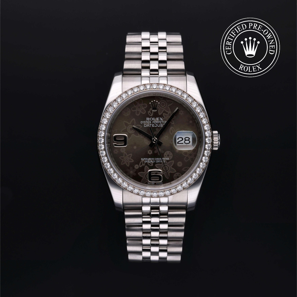 Rolex Certified Pre-Owned Datejust 36 Rolesor 18k White Diamond Bezel Floral Dial