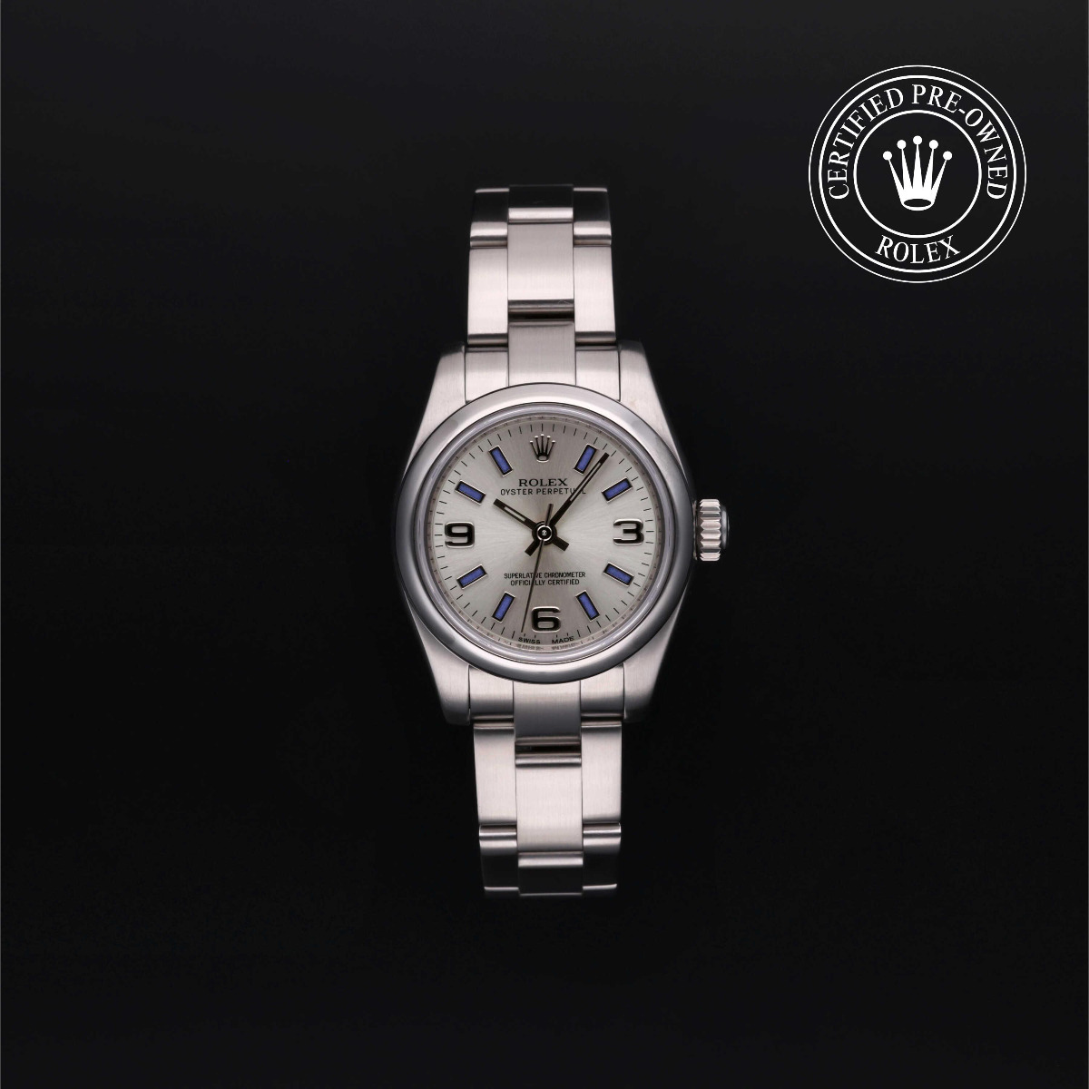 Rolex Certified Pre-Owned Oyster Perpetual; 26 Steel Silver Arabic and Blue Index Dial