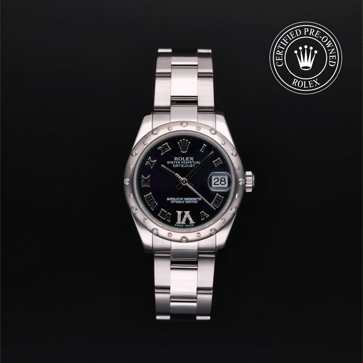 Rolex Certified Pre-Owned Datejust 31 Scattered Diamond Bezel Blue Roman Gem Set Dial