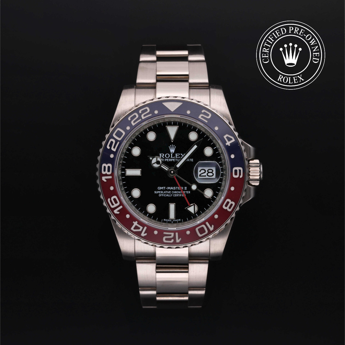 Rolex Certified Pre-Owned GMT-Master II Gold 18k White Blue and Red Bezel Black Dial