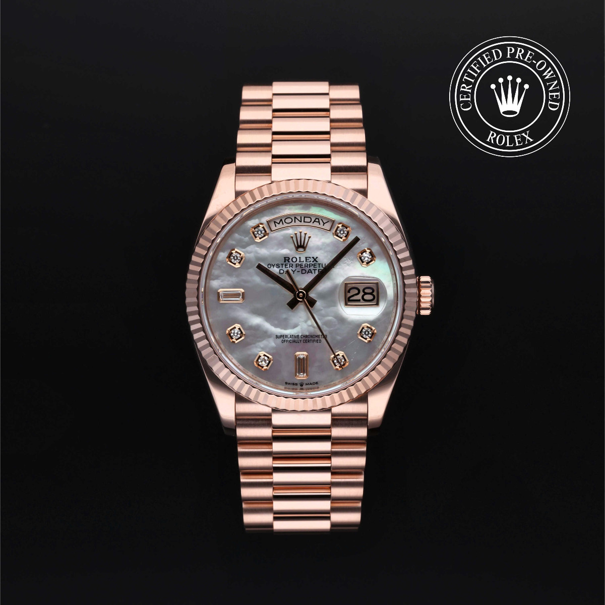 Rolex Certified Pre-Owned Day-Date 36 Gold 18k Red Mother of Pearl Diamond Index Dial