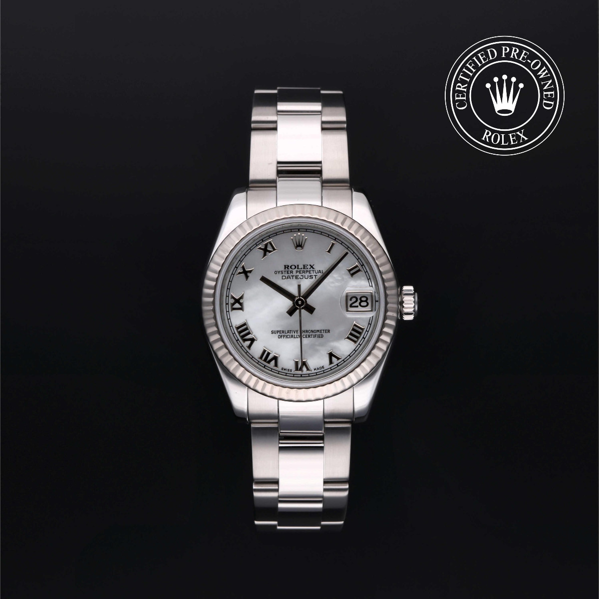 Rolex Certified Pre-Owned Datejust 31 Rolesor 18k White Fluted Bezel White Mother of Pearl Roman Dial