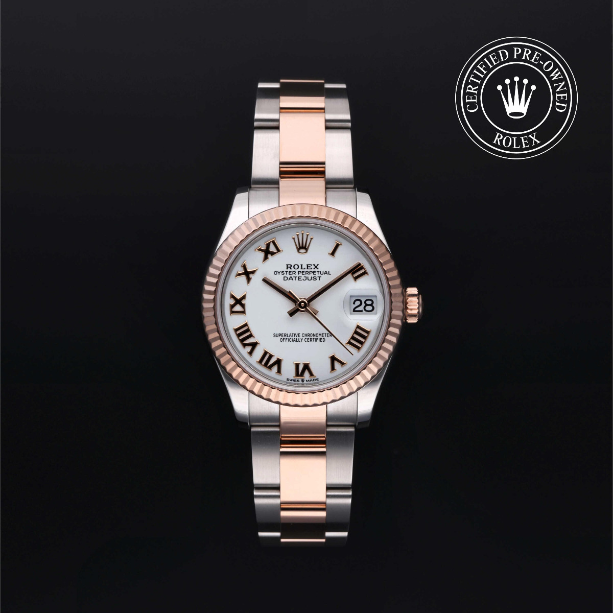 Rolex Certified Pre-Owned Datejust 31 Rolesor 18k Red Fluted Bezel White Roman Dial