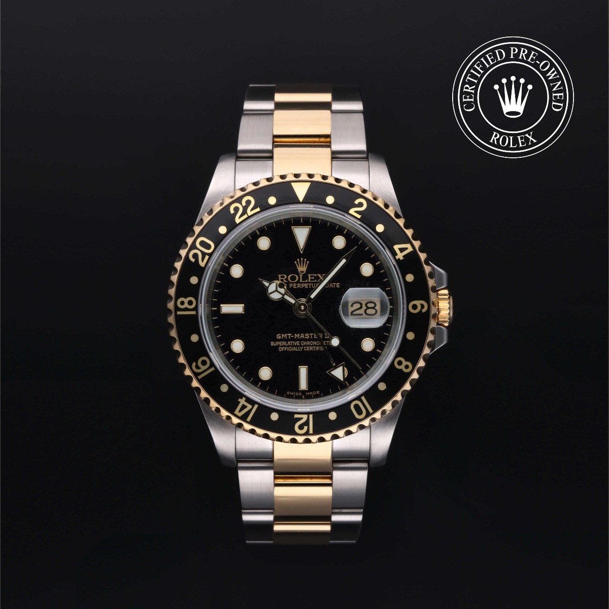 Rolex Certified Pre-Owned Oyster Perpetual GMT-Master II Rolesor 18k Yellow Black Dial 