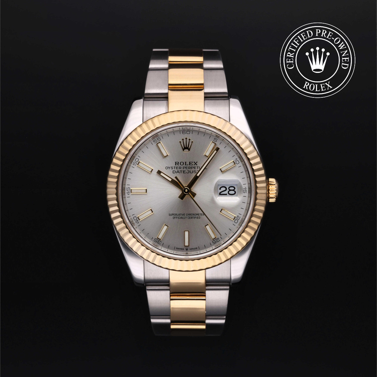 Rolex Certified Pre-Owned Datejust 41 Fluted Bezel Rolesor 18k Yellow Silver Dial
