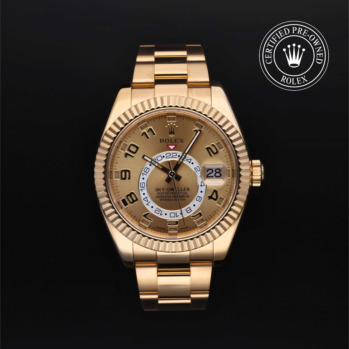 Rolex Certified Pre-Owned Sky-Dweller 42 Gold 18k Yellow Champagne Arabic Dial 