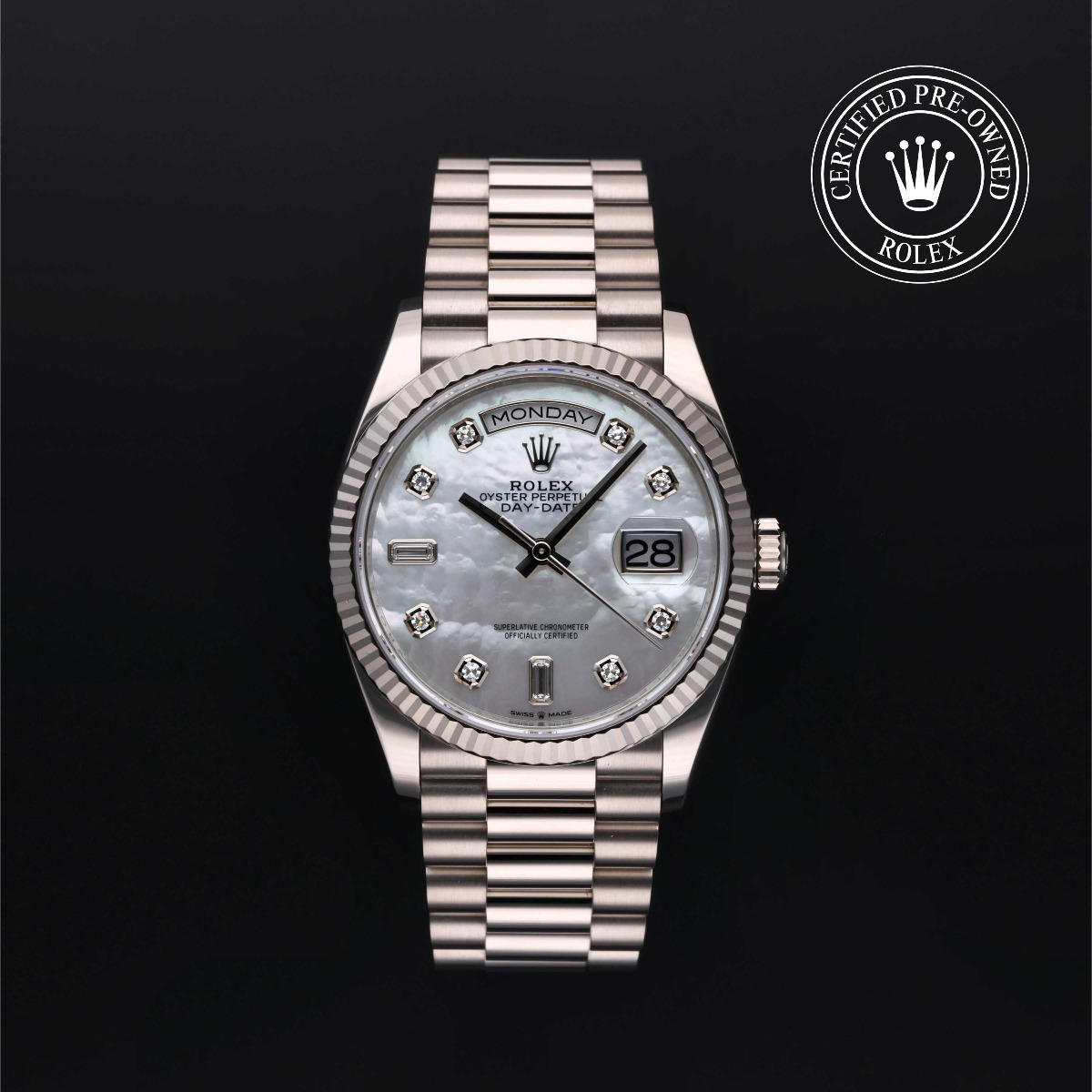 Rolex Certified Pre-Owned Day-Date 36 Gold 18k White White Mother of Pearl Diamond Index Dial 