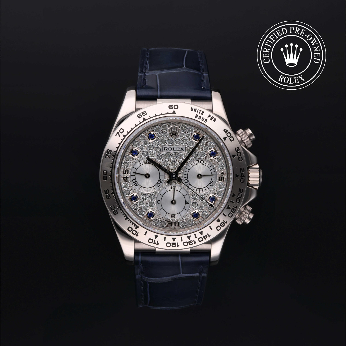 Rolex Certified Pre-Owned Cosmograph Daytona Gold 18k White Pave Diamond and Sapphire Dial Leather Strap
