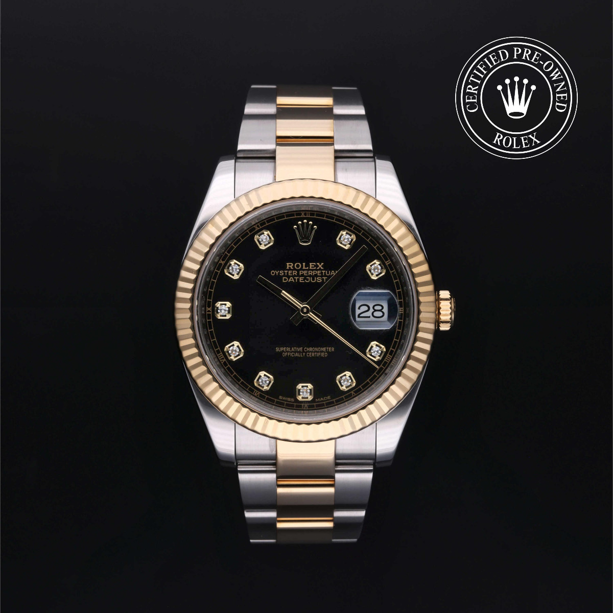 Rolex Certified Pre-Owend Datejust 41 Rolesor 18k Yellow Fluted Bezel Black Diamond Index Dial