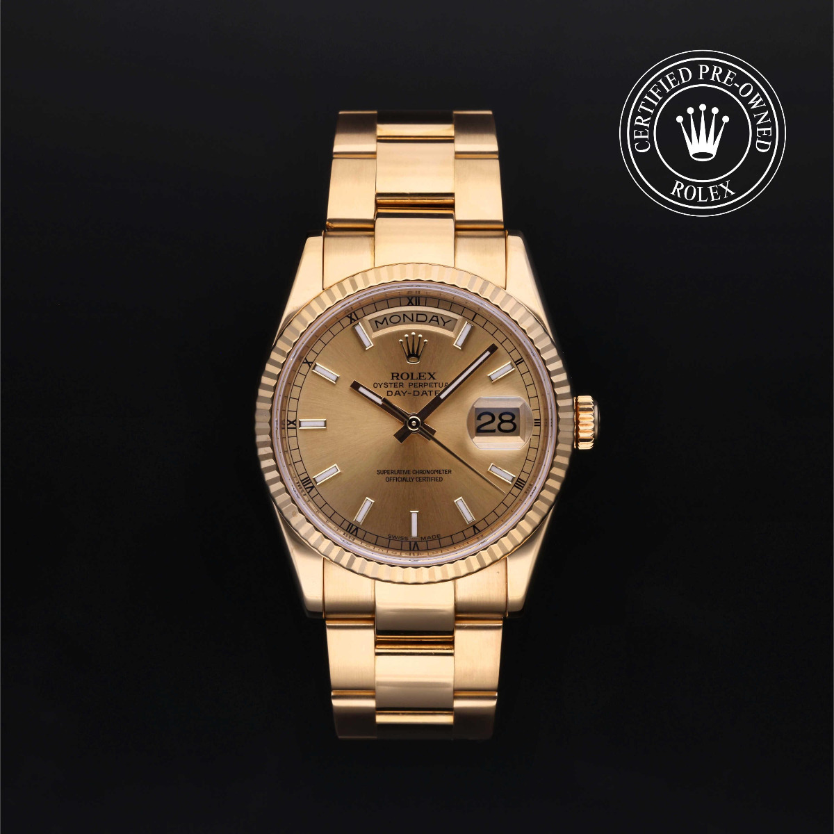 Rolex Certified Pre-Owned Day-Date 36 Gold 18k Yellow Champagne Dial