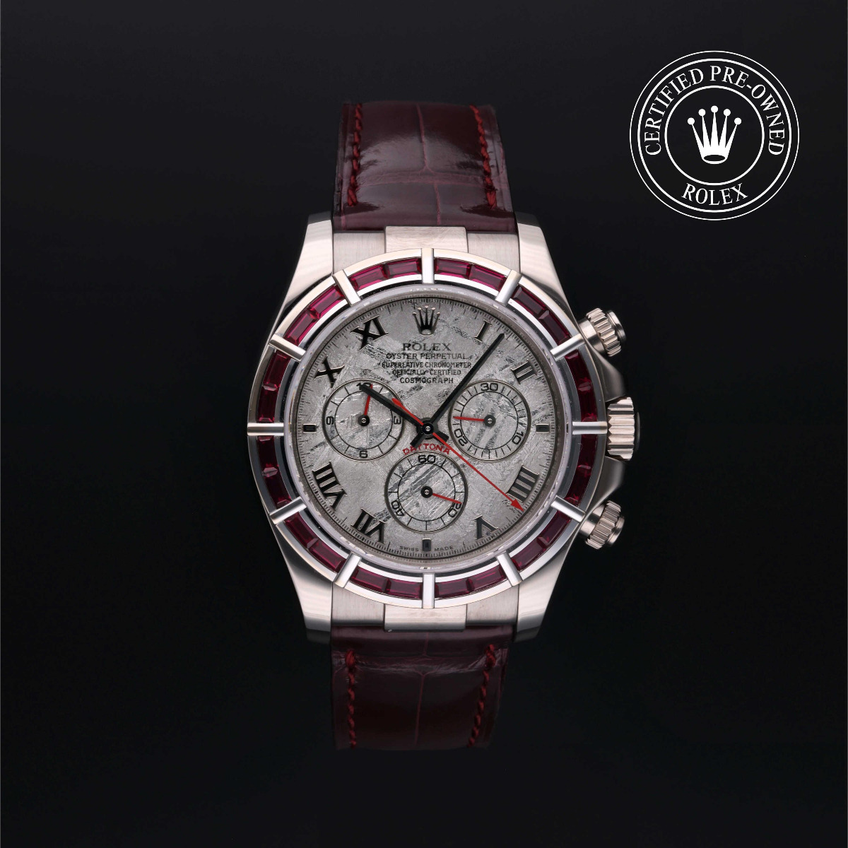 Rolex Certified Pre-Owned Oyetr Perpetual Cosmograph Daytona 18k White Gold Ruby Bezel Meteorite Roman Dial