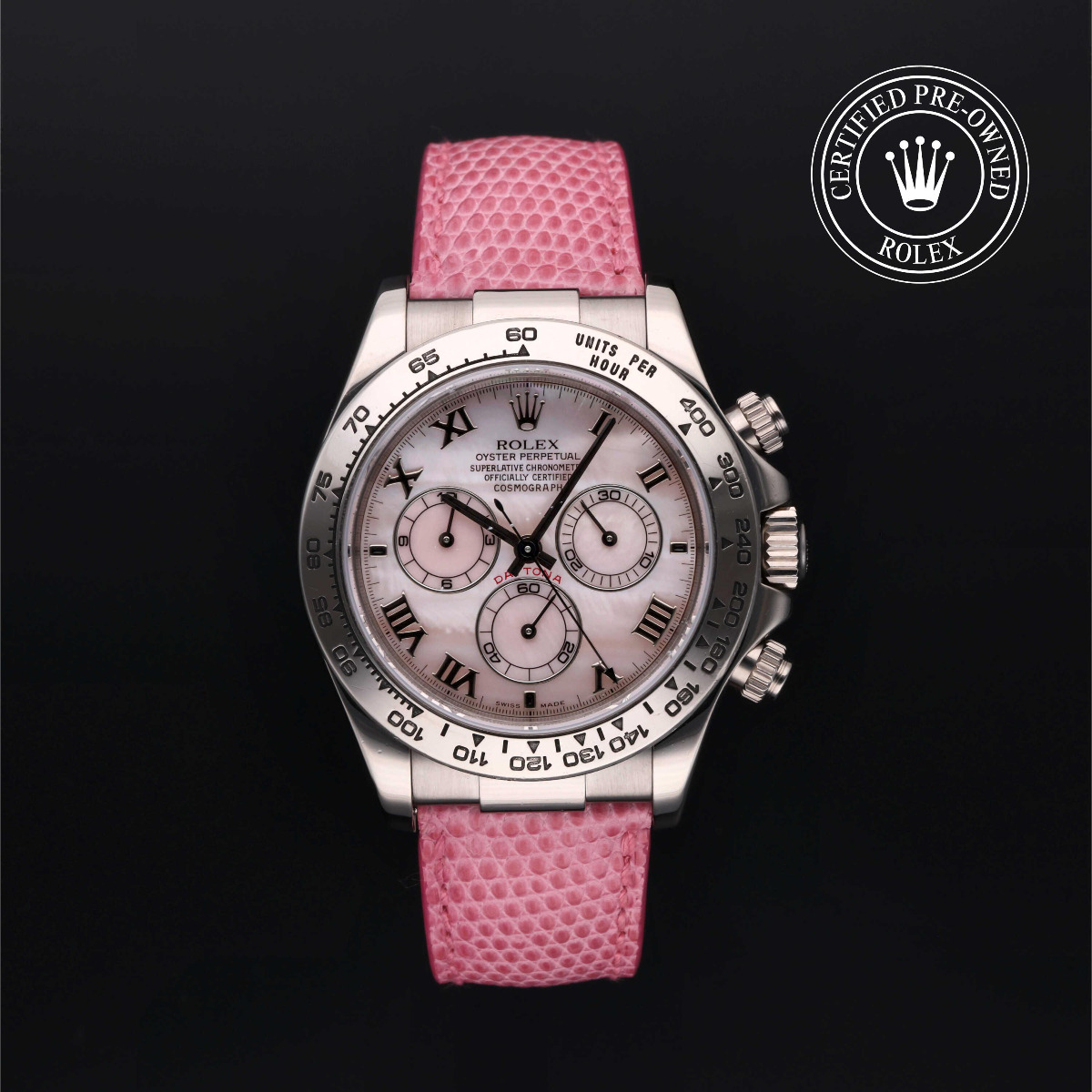 Rolex Certified Pre-Owned Oyster Perpetual Cosmogrpah Daytona 18k White Gold Pink Mother of Pearl Roman Dial Cuir Strap