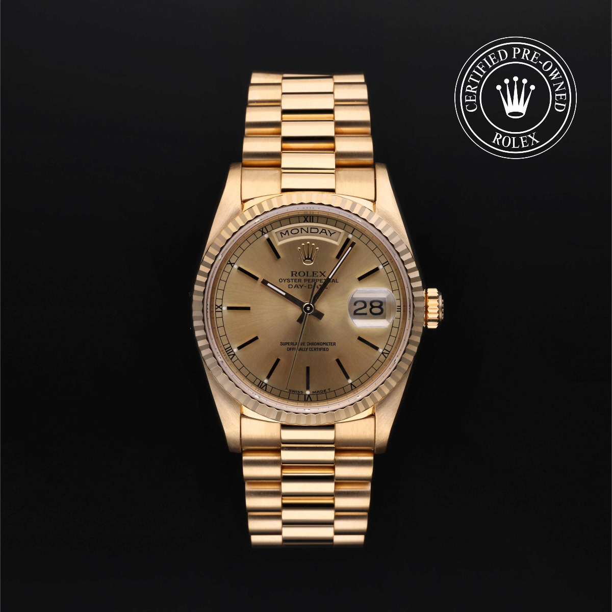 Rolex Certified Pre-Owend Oyster Perpetual Day-Date 36 Gold 18k Yellow Champagne Dial