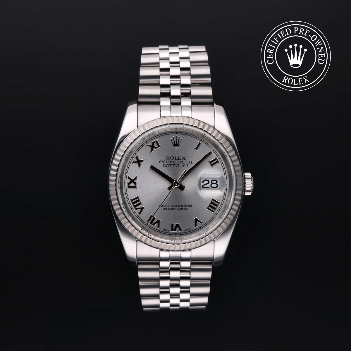 Rolex Certified Pre-Owqned Datejust 36 Rolesor 18k White Rhodium Roman Dial