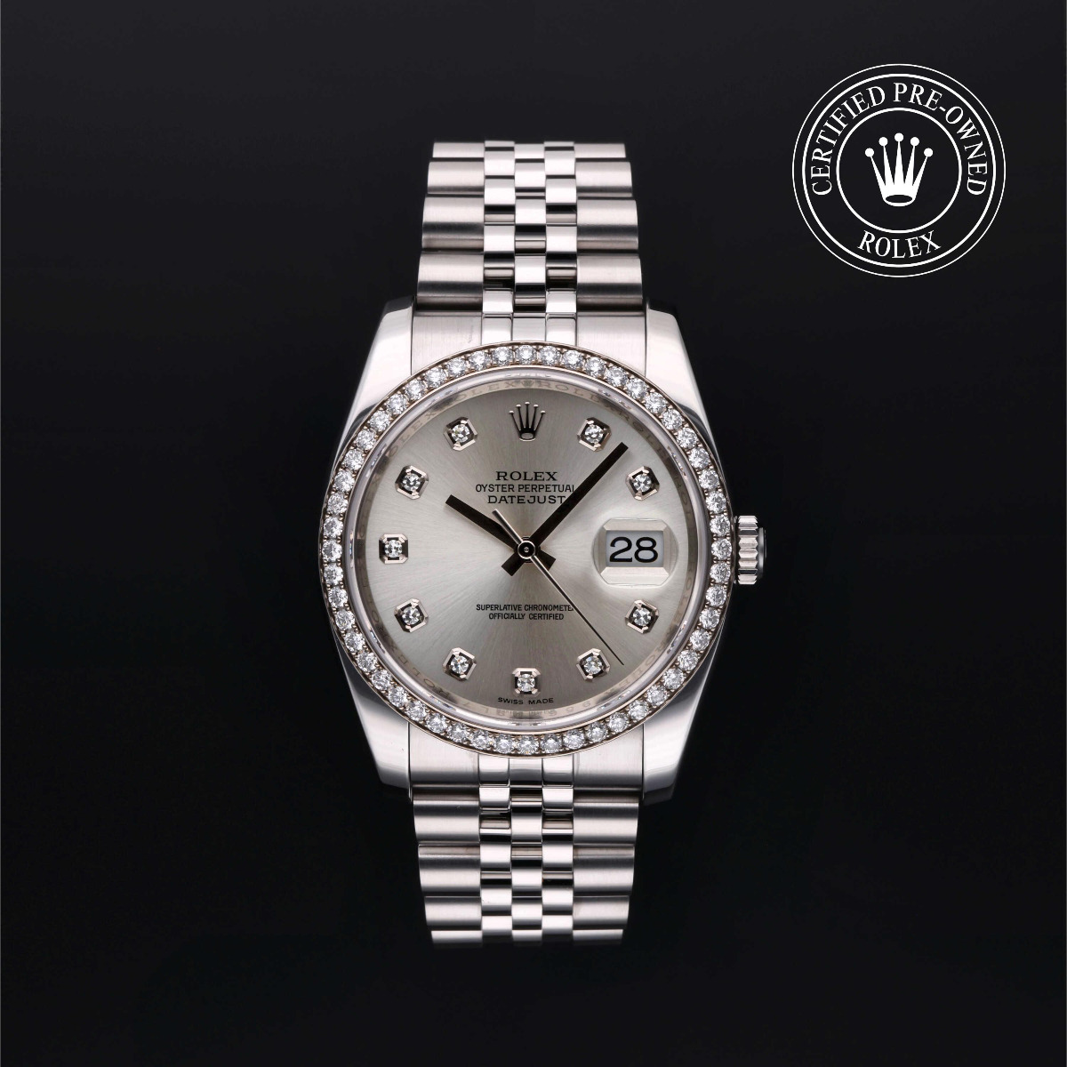 Rolex Certified Pre-Owned Datejust 36 Rolesor 18k White Diamond Bezel Silver Diamond Index DIal