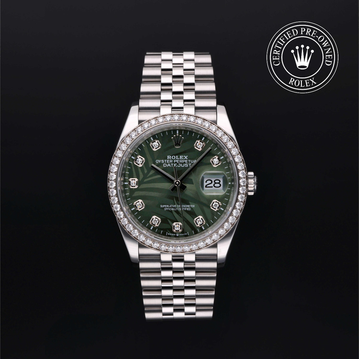 Rolex Certified Pre-Owend Datejust 36 Rolesor 18k White Diamond Bezel Palm Olive Green Diamond Index Dial