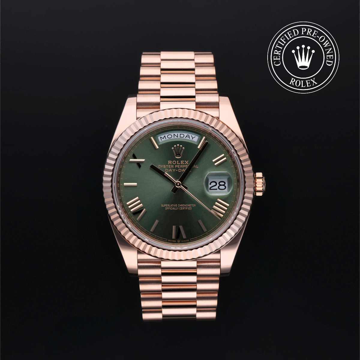 Rolex Certified Pre-Owned Day-Date 40 18k Red Gold Olive Roman Dial